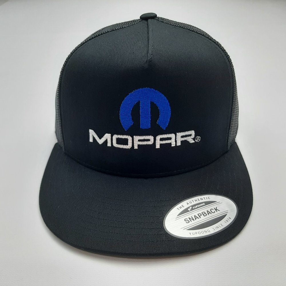Mopar Flat Bill Mesh Snapback Hat Cap Black Embroidered
